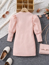 Toddler Girls Sweet & Elegant Puff Sleeve Jacquard Knitted Dress, Suitable For Casual, Travel, Street, Holiday, Daily Wear, Spring, Autumn And Winter